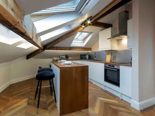 Contemporary kitchen loft with wooden floors and exposed beams, featuring a compact island, modern appliances, and skylight windows